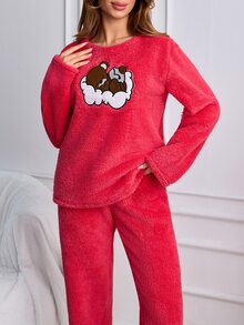 SHEIN طقم بيجامة منزلية شتوية مريحة مع تطريز دب نائم من الفرو الناعم الأحمر - وردي - مشاهدة 6