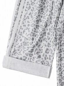 SHEIN 少女豹紋寬鬆休閒直筒運動長褲 - 淺灰色 - 查看 5