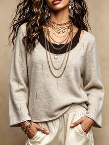 SHEIN LUNE CURVE Plus Size Women's 2 In 1 Patchwork Casual Everyday Long Sleeve Sweater - Multicolor - View 3
