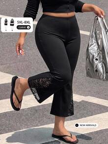 SHEIN CURVE+ Plus Size Women's Autumn Casual Elastic Flare Pants, Capris, Contrast Lace Trim Flare Pants, Suitable For Autumn/Winter Fall - Black - View 9