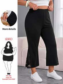 SHEIN CURVE+ Plus Size Women's Autumn Casual Elastic Flare Pants, Capris, Contrast Lace Trim Flare Pants, Suitable For Autumn/Winter Fall - Black - View 1