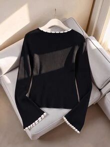 GlowEve CURVE Plus Size Women's Black And White Sweater Fall New Fashion Loose Elegant Casual Knit Base Layer Top 2026 Office Homewear - Black and White - View 2