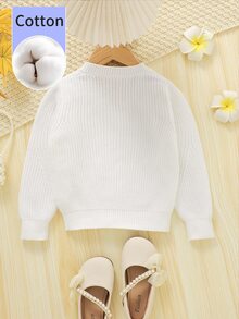 SHEIN كارديجان للفتيات الصغيرات، جاكيت من القطن الخالص، نمط خطاف الأذن الإبداعي، أكمام فانوس رقيقة متعددة الاستخدامات بياقة على شكل حرف V، ملابس عصرية لجميع الفصول، أبيض خريفي - أبيض - مشاهدة 2