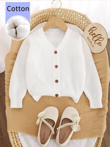 SHEIN كارديجان للفتيات الصغيرات، جاكيت من القطن الخالص، نمط خطاف الأذن الإبداعي، أكمام فانوس رقيقة متعددة الاستخدامات بياقة على شكل حرف V، ملابس عصرية لجميع الفصول، أبيض خريفي - أبيض - مشاهدة 6