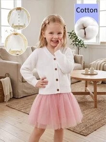 SHEIN كارديجان للفتيات الصغيرات، جاكيت من القطن الخالص، نمط خطاف الأذن الإبداعي، أكمام فانوس رقيقة متعددة الاستخدامات بياقة على شكل حرف V، ملابس عصرية لجميع الفصول، أبيض خريفي - أبيض - مشاهدة 8