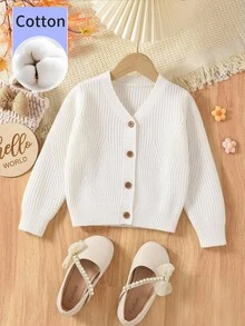 SHEIN كارديجان للفتيات الصغيرات، جاكيت من القطن الخالص، نمط خطاف الأذن الإبداعي، أكمام فانوس رقيقة متعددة الاستخدامات بياقة على شكل حرف V، ملابس عصرية لجميع الفصول، أبيض خريفي - أبيض - مشاهدة 1
