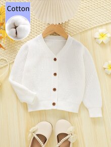 SHEIN كارديجان للفتيات الصغيرات، جاكيت من القطن الخالص، نمط خطاف الأذن الإبداعي، أكمام فانوس رقيقة متعددة الاستخدامات بياقة على شكل حرف V، ملابس عصرية لجميع الفصول، أبيض خريفي - أبيض - مشاهدة 4