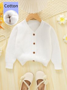 SHEIN كارديجان للفتيات الصغيرات، جاكيت من القطن الخالص، نمط خطاف الأذن الإبداعي، أكمام فانوس رقيقة متعددة الاستخدامات بياقة على شكل حرف V، ملابس عصرية لجميع الفصول، أبيض خريفي - أبيض - مشاهدة 7