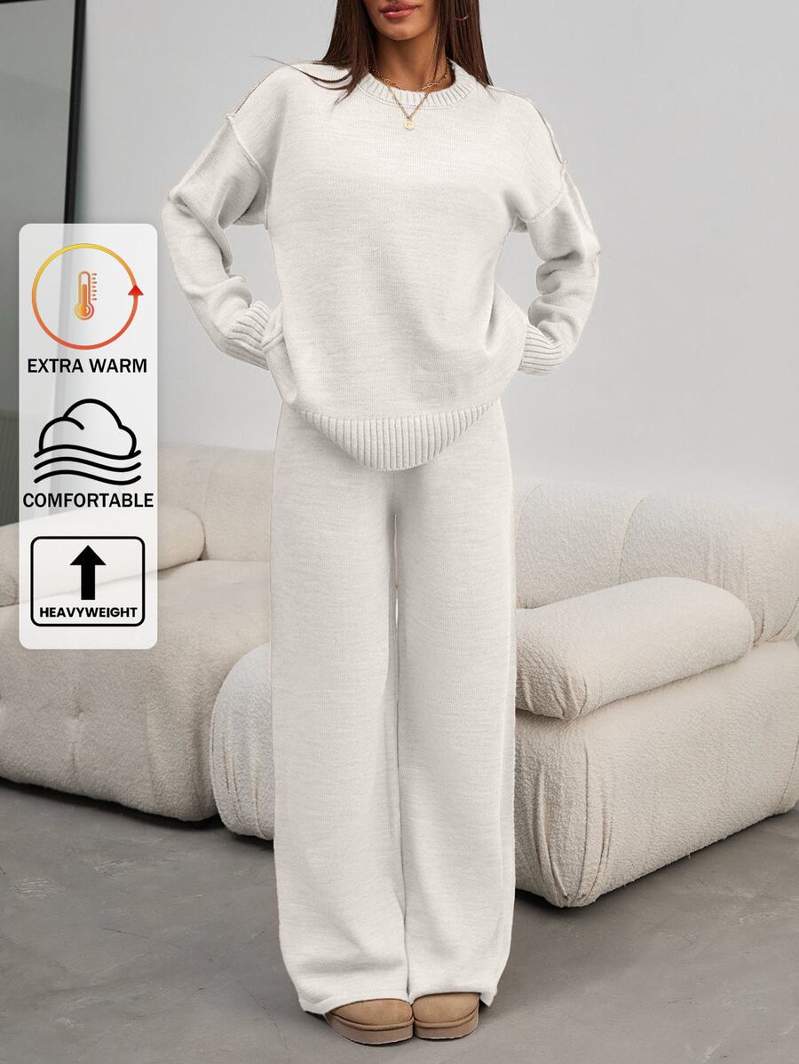 SHEIN Tall Women Round Neck Rib Knitted Sweater And Sweater Pant 2pcs Sets Co-Ord - White - View 1