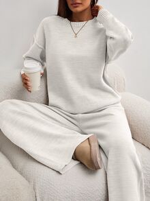 SHEIN Tall Women Round Neck Rib Knitted Sweater And Sweater Pant 2pcs Sets Co-Ord - White - View 2
