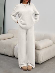 SHEIN Tall Women Round Neck Rib Knitted Sweater And Sweater Pant 2pcs Sets Co-Ord - White - View 5