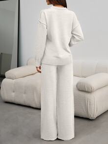 SHEIN Tall Women Round Neck Rib Knitted Sweater And Sweater Pant 2pcs Sets Co-Ord - White - View 3
