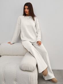 SHEIN Tall Women Round Neck Rib Knitted Sweater And Sweater Pant 2pcs Sets Co-Ord - White - View 4