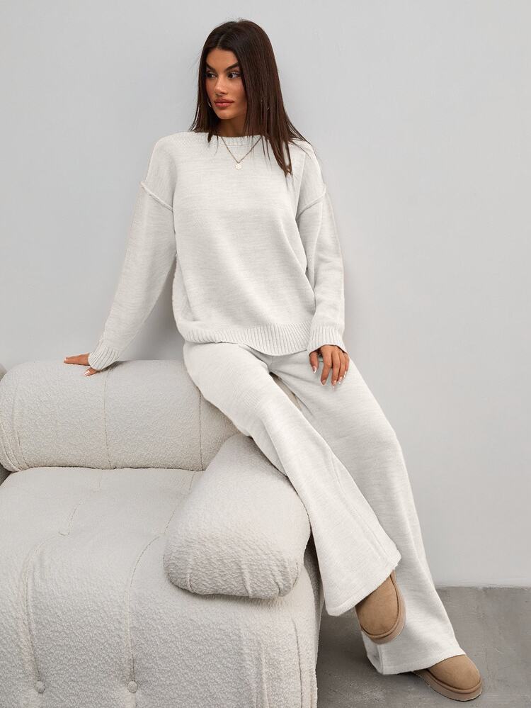 SHEIN Tall Women Round Neck Rib Knitted Sweater And Sweater Pant 2pcs Sets Co-Ord - White - View 4