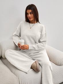 SHEIN Tall Women Round Neck Rib Knitted Sweater And Sweater Pant 2pcs Sets Co-Ord - White - View 8