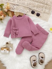 SHEIN 純棉新生兒毛衣套裝，時尚可愛圓領肩扣長袖 3D 蝴蝶結毛衣上衣 + 毛衣長褲，適合春秋冬季，柔軟舒適，適合日常穿著、外出、旅行、度假、托兒所與玩耍 - 粉色 - 查看 3