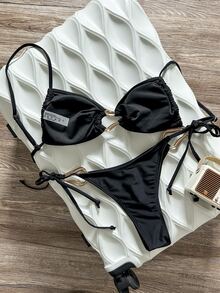 SHEIN Swim 2件套女士纯色金属装饰度假休闲比基尼套装 - 黑色 - 查看 5