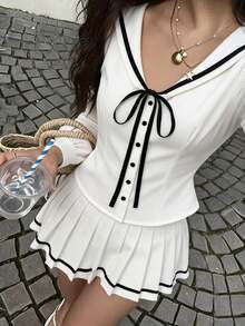 valorelle valorelle Women's Button Bowknot Long Sleeve Top And Striped Contrast Pleated Skirt 2 Pieces Set - White - View 3
