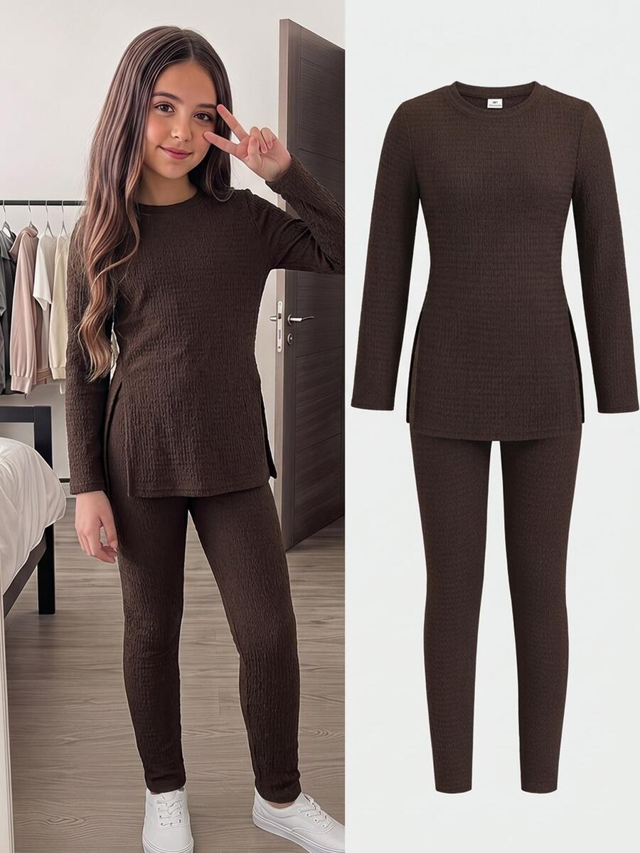 SHEIN Tween Girl Solid Color Long Sleeve Sweatshirt And Leggings Casual Everyday Set - Brown - View 1