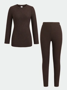 SHEIN Tween Girl Solid Color Long Sleeve Sweatshirt And Leggings Casual Everyday Set - Brown - View 4