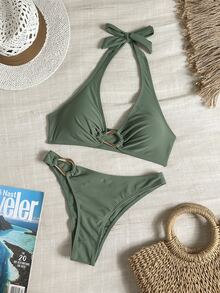 Swim Basics 熱銷女款性感黑色掛脖式兩件式比基尼套裝，夏季度假休閒泳裝 - 軍綠色 - 查看 4