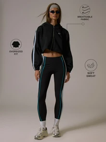Musera Sport Zip Through Side Contrast Stripe Logo Front Hooded Cropped Pocket Detail Sweatshirt Fall Autumn Winter Gym Active Pilates Motion - Black - View 1