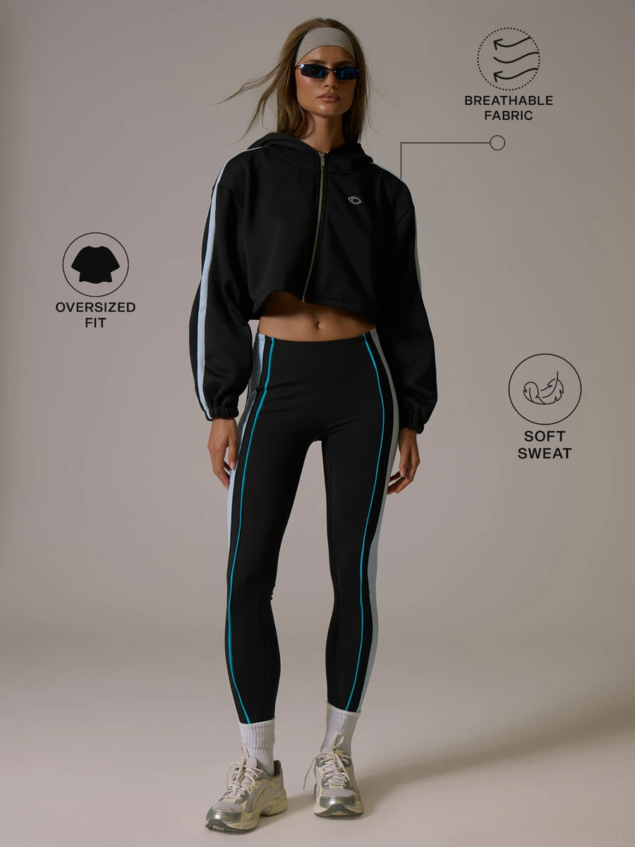 Musera Sport Zip Through Side Contrast Stripe Logo Front Hooded Cropped Pocket Detail Sweatshirt Fall Autumn Winter Gym Active Pilates Motion - Black - View 1