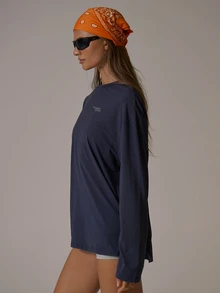 Musera Sport Silver Logo Long Sleeve Oversized Loose Fit Top Fall Autumn Winter Gym Active Pilates Motion - Navy Blue - View 4