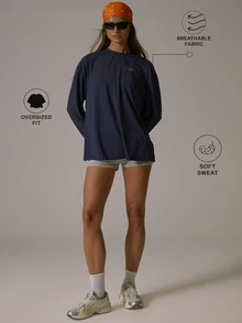 Musera Sport Silver Logo Long Sleeve Oversized Loose Fit Top Fall Autumn Winter Gym Active Pilates Motion - Navy Blue - View 1