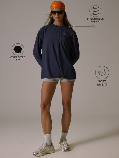 Musera Sport Top de manga larga holgado y oversize con logo plateado para otoño e invierno, gimnasio, activewear, pilates y movimiento
