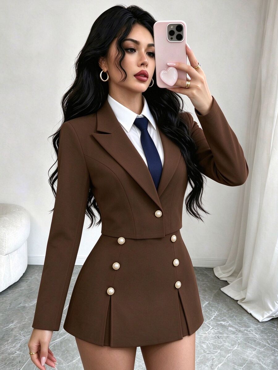 Elenzga Lapel Neck Double Breasted Blazer & Skirt Suit Set - Brown - View 1