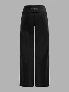Musera Sport Foldover Waist Contrast Colour Side Stripe Wide Leg Coord Yoga Style Pants Fall Autumn Winter Gym Active Pilates Motion - Black - View 7