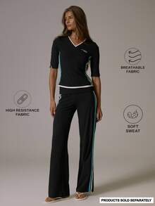 Musera Sport Foldover Waist Contrast Colour Side Stripe Wide Leg Coord Yoga Style Pants Fall Autumn Winter Gym Active Pilates Motion - Black - View 1