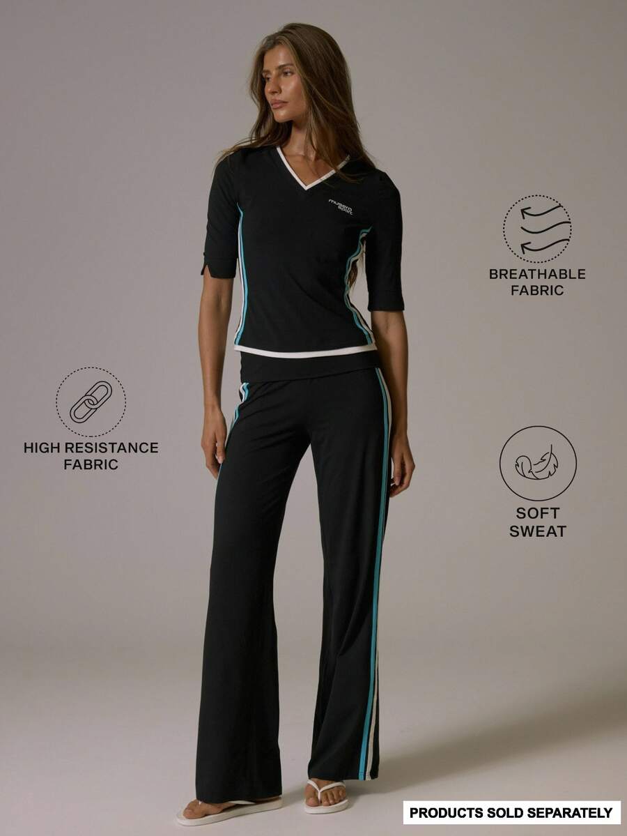 Musera Sport Foldover Waist Contrast Colour Side Stripe Wide Leg Coord Yoga Style Pants Fall Autumn Winter Gym Active Pilates Motion - Black - View 1