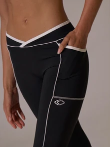 Musera Sport V Dipped Waist Contrast Colour Piped Fitted Flare Coord Legging Fall Autumn Winter Gym Active Pilates Motion - Black - View 3