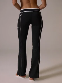 Musera Sport V Dipped Waist Contrast Colour Piped Fitted Flare Coord Legging Fall Autumn Winter Gym Active Pilates Motion - Black - View 5