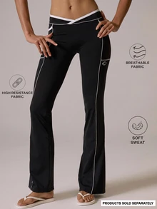 Musera Sport V Dipped Waist Contrast Colour Piped Fitted Flare Coord Legging Fall Autumn Winter Gym Active Pilates Motion - Black - View 1