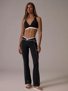 Musera Sport V Dipped Waist Contrast Colour Piped Fitted Flare Coord Legging Fall Autumn Winter Gym Active Pilates Motion - Black - View 2