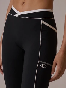 Musera Sport V Dipped Waist Contrast Colour Piped Fitted Flare Coord Legging Fall Autumn Winter Gym Active Pilates Motion - Black - View 6