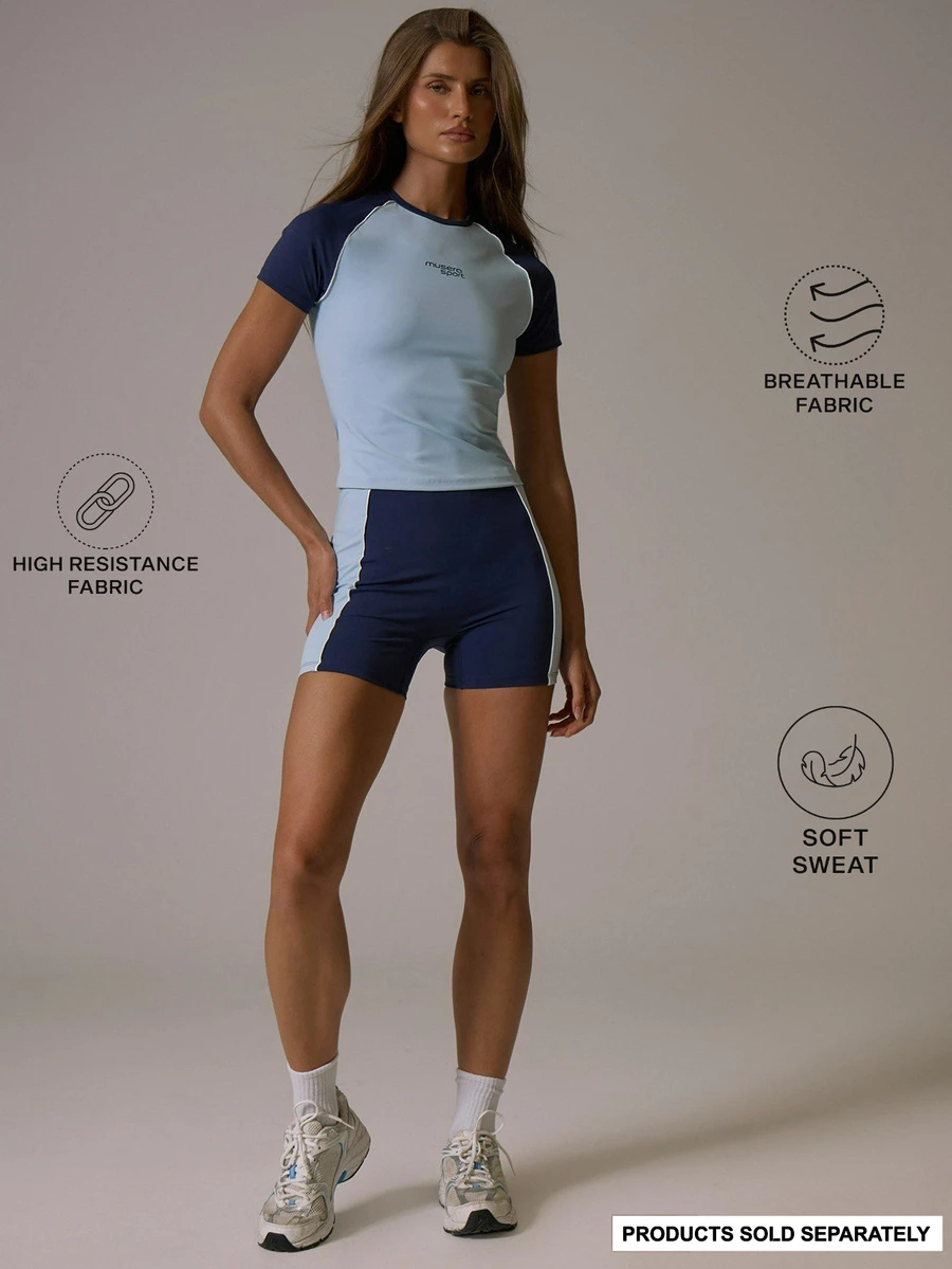 Musera Sport Stripe Contrast Colour Sides Low Rise Coord Mini Short Fall Autumn Winter Gym Active Pilates Motion - Navy Blue - View 1