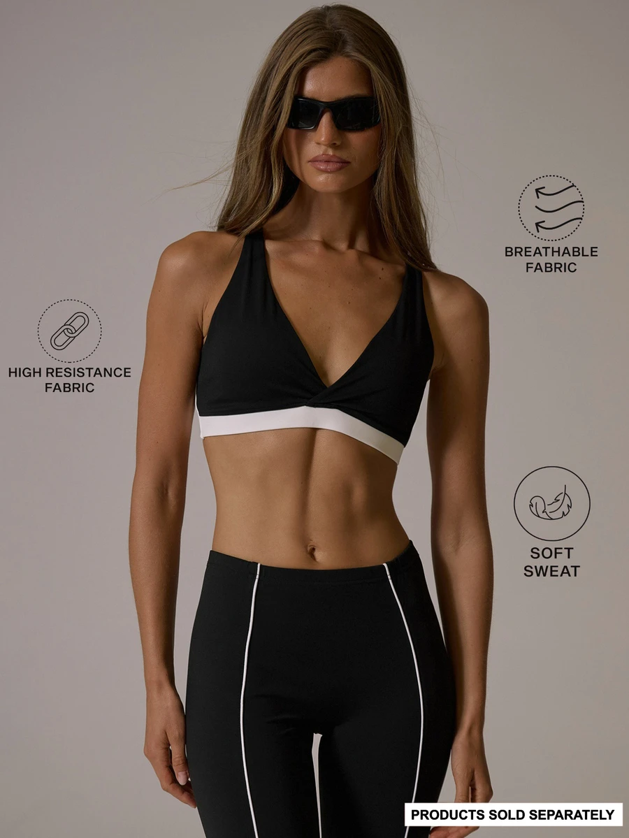 Musera Sport V Plunge Twist Back Contrast Colour Sports Bra Coord Top Fall Autumn Winter Gym Active Pilates Motion - Black - View 1