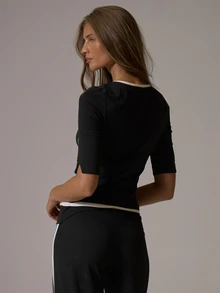 Musera Sport V Neck Logo Front Contrast Side Stripe Fitted Quarter Sleeve Coord Top Fall Autumn Winter Gym Active Pilates Motion - Black - View 5
