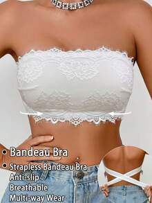 SHEIN 1 buah Bra Tanpa Lengan Berenda Motif Patchwork untuk Wanita - Putih - View 3