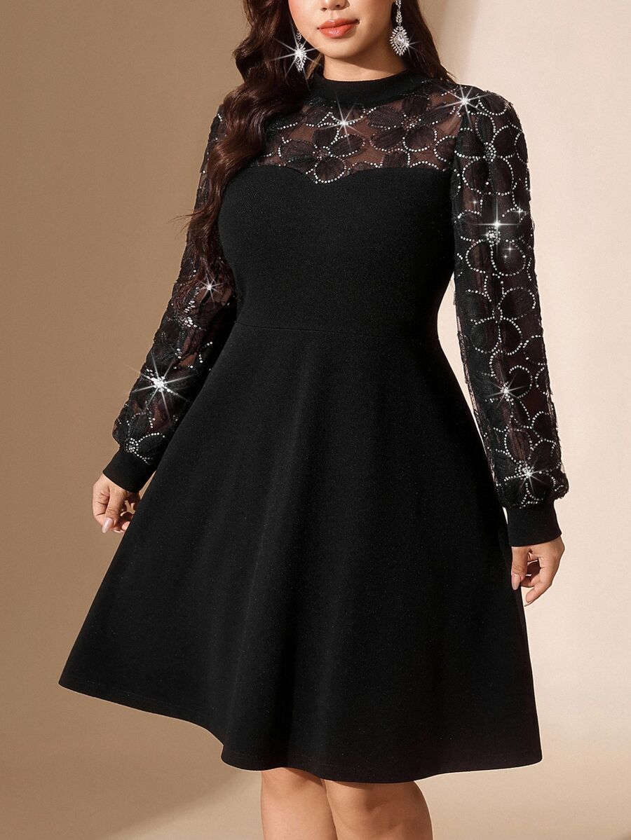 Comfylo Plus Size Elegant Commuter Cocktail Formal Party Floral Sequin Mesh Patchwork Dress Autumn Black - Black - View 1