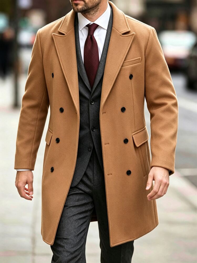 Manfinity Mode Men's Solid Color, Button-Down, Long-Sleeved Black Overcoat, Autumn/Winter Style. - Khaki - View 4