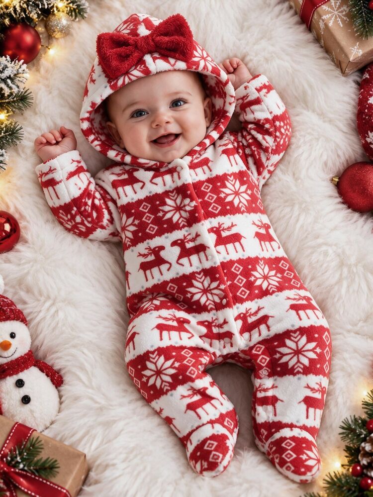 SHEIN 1pc Baby Girls Hooded Footed Romper Cute Sweet Red White Reindeer Snowflake Bow Long Sleeve Hooded Thick Fuzzy Christmas Winter Holiday Fall Plush - Red and White - View 2