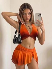 SHEIN ICON 女士夏季海滩度假风格渐变色短款露背吊带上衣和迷你裙两件套 - 彩色 - 查看 1