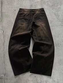 AXEPEAK 男士重磅刺繡復古懷舊黑色長褲 - 黑色 - 查看 1