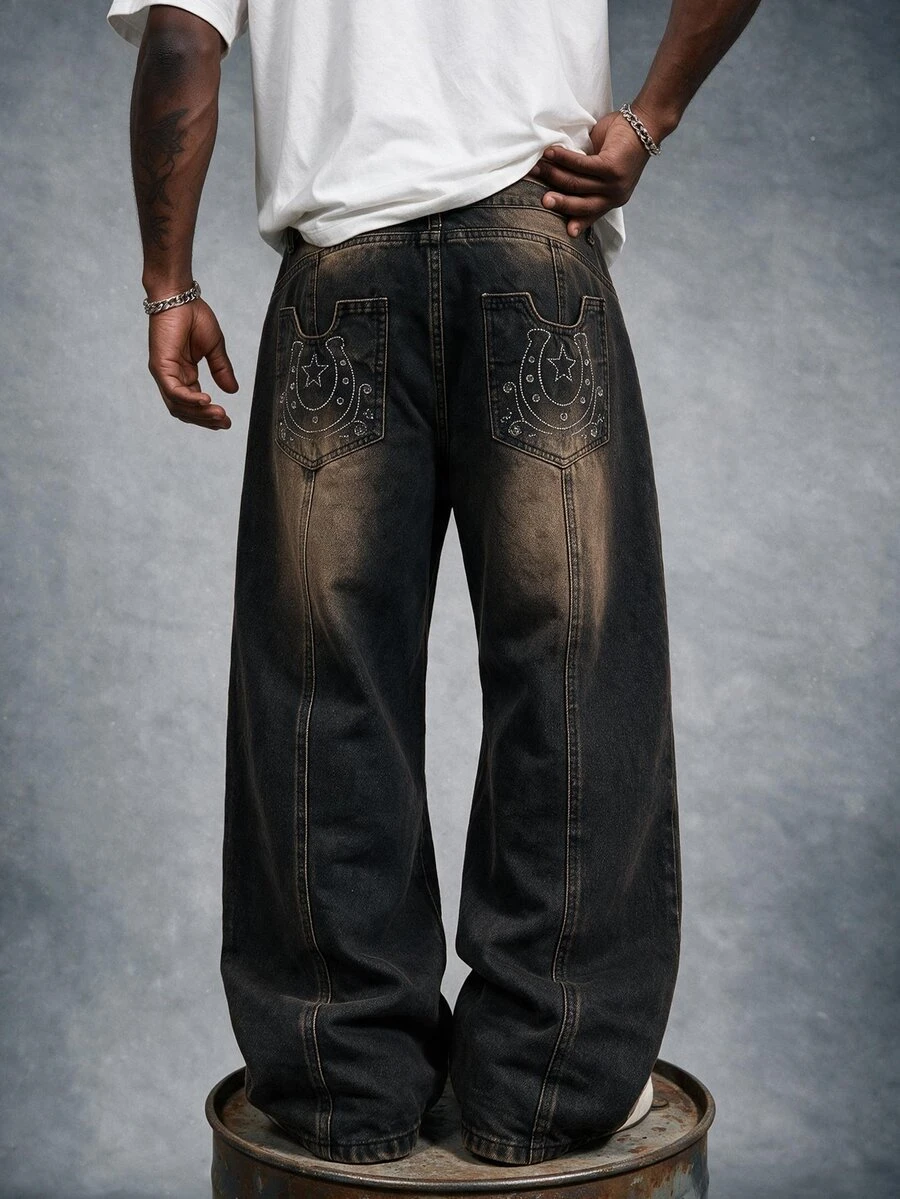 AXEPEAK Men's Heavyweight Embroidered Vintage Nostalgic Black Long Pants - Black - View 1