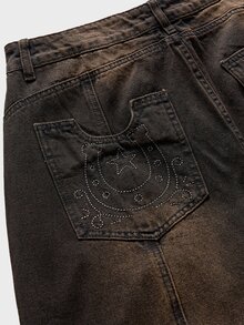 AXEPEAK 男士重磅刺繡復古懷舊黑色長褲 - 黑色 - 查看 6